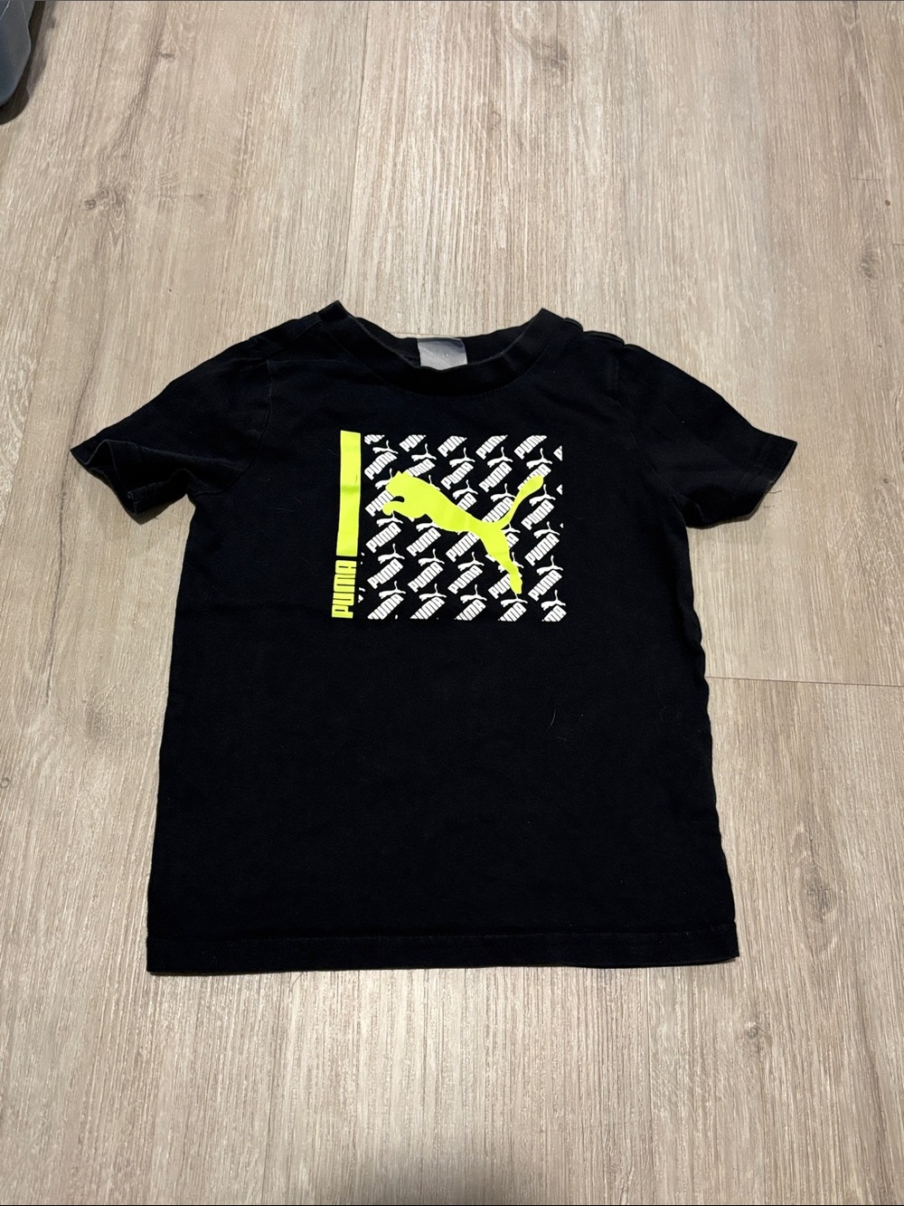 PUMA Black Tee with Neon Yellow Logo Graphic